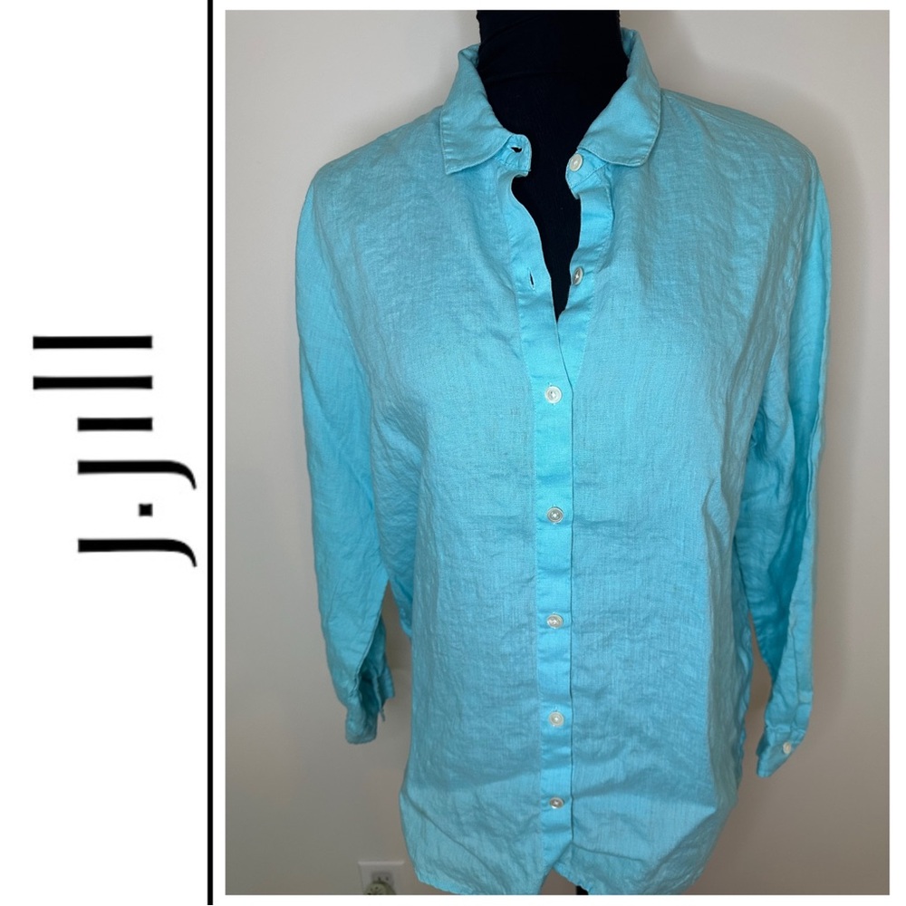 J Jill Love Linen Long Button Down Tunic Shirt in Blue Women's M #808